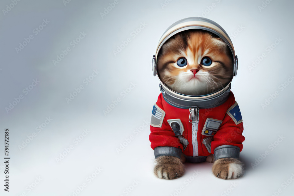 Kitten in a spacesuit on a clean background. Space for text. Kitten in a spacesuit on a clean background. Space for text.