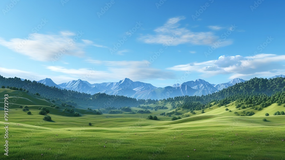 Panoramic View of Beautiful Green Meadow and Rolling Hills

