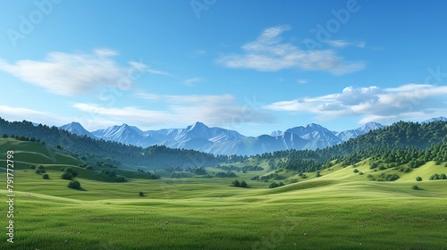Panoramic View of Beautiful Green Meadow and Rolling Hills