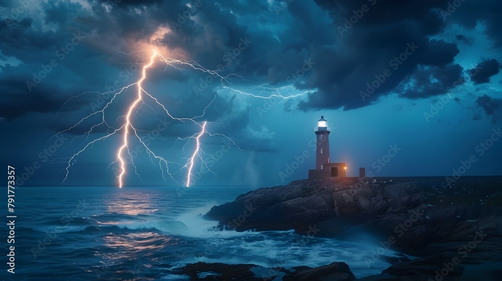 Nature's Power Unleashed: A Stormy Night's Lightning Assault on a Lighthouse