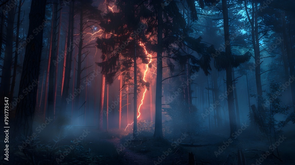 Fototapeta premium Electric Night: A Lone Lightning Strike Ignites an Eerie Forest