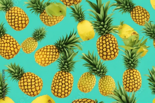 'bright pineapple pattern minimal style top view pop art design creative concept copy space banner fresh pineapples blue background food fruit summer yellow fashion colours hipster tropical fun'