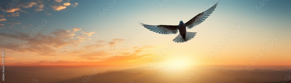 A dove flying in the sky at sunset with a beautiful orange sky and white clouds. - obrazy, fototapety, plakaty 