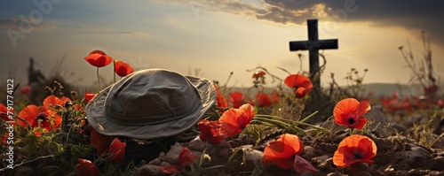 A field of red poppies with a slouch hat and cross in the background. photo