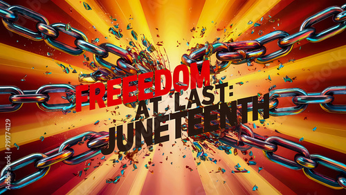 Commemorating Freedom Day. Banner breaking chains in juneteenth and african liberation day, juneteenth day, ending of slavery. Typography, bold text saying Freedom at last, Juneteenth! Brigh poster photo