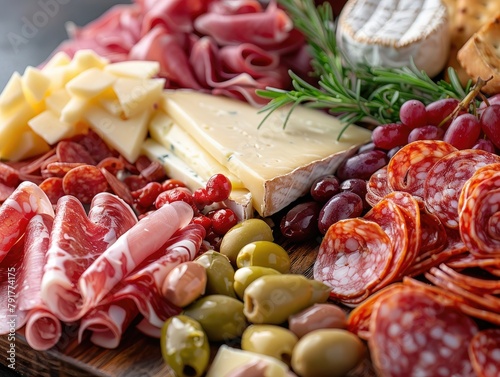 Assortment of Cold Cuts and Cheese: Savory Charcuterie Board - Variety of Savory Treats - Close-up of Spread 