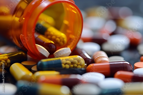 Pharmacy Flood: Assorted Pills Spilling from Bottle"