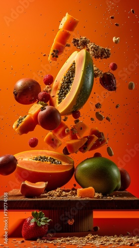 An energetic and vibrant display of sliced fruits flying in mid-air with a dynamic splash of grains and seeds on a fiery orange background