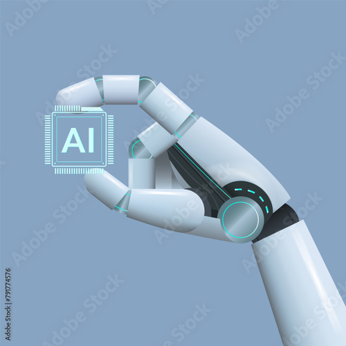 AI humanoid hand holding AI Logo on microchip, Concept of artificial intelligence, Future cybernetic technology concept, vector illustration