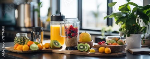 A variety of fruits and a blender on a kitchen counter.