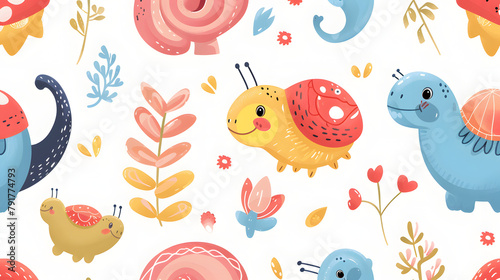 seamless pattern with snails and flowers