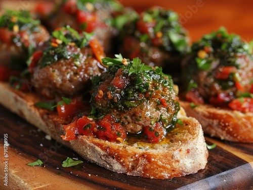 Meatballs in Tomato Sauce with Basil Pesto Toast  Mouthwatering Combination - Rich Tomato Sauce - Close-up of Dish 