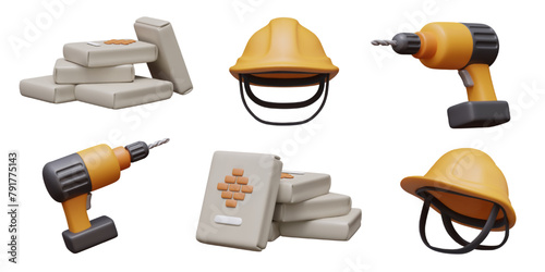 Pile of cement bags, yellow hard hat, cordless electric drill. Set of realistic elements