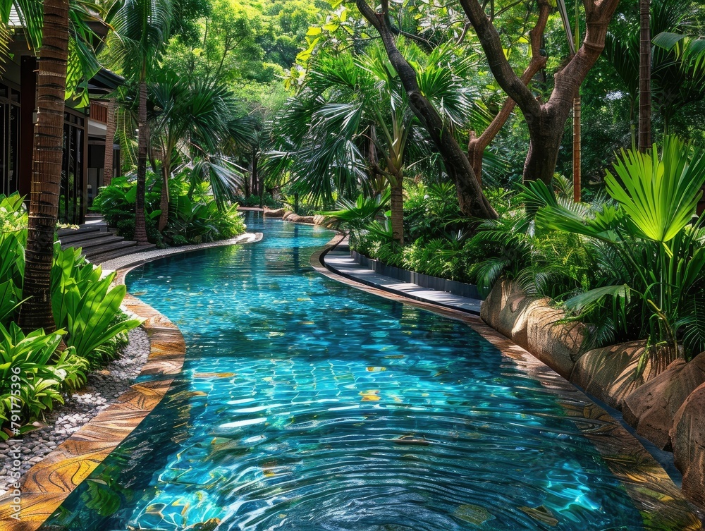 Luxury Outdoor Swimming Pool: Serene Oasis - Surrounded by Lush Greenery - Relaxing Environment 
