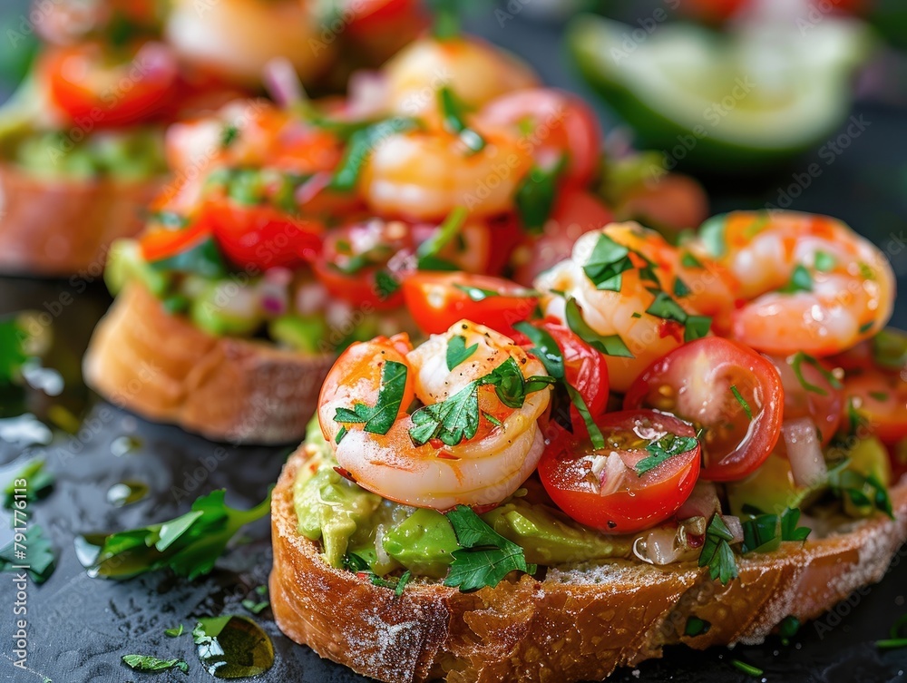 Delicious Bruschettas with Cherry Tomatoes, Avocado Cream Cheese, Shrimps: Bursting with Fresh Flavors - Vibrant and Colorful - Close-up of Bruschettas