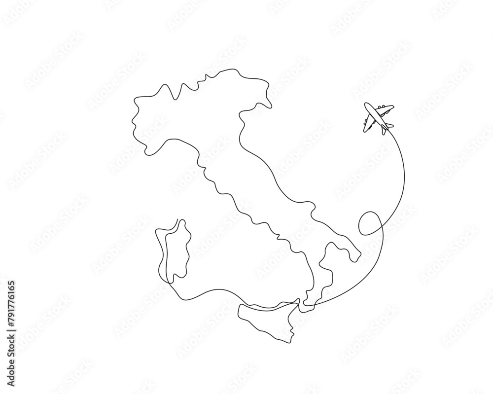 Continuous one line drawing of Italymap with airplane. Italy map combined with airplane simple outline vector illustration. Editable stroke.