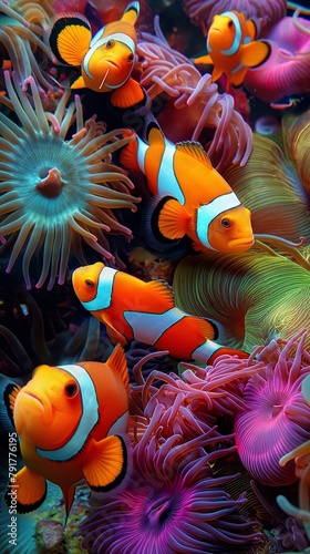 Vibrant clownfish swimming eloquently amongst the thriving sea anemones in a mesmerizing underwater scene photo