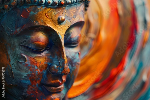 Buddha in serene meditation, encircled by swirling hues and abstract patterns, evoking enlightenment.