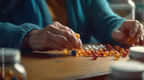 Close up mature woman taking out pills photo