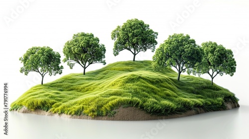 3d illustration of piece of green land isolated, creative travel and tourism off-road design trees