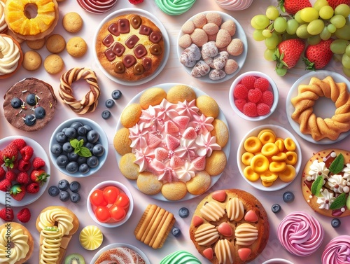 Sweet Treat Treasure: Sweets, Cookies, and Fruits - Yummy Visuals - Bright Lighting - Top-down View