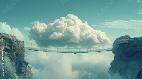 A surreal bridge made of rope and metal konstruktsii hanging high above the clouds between two rocky peaks. photo