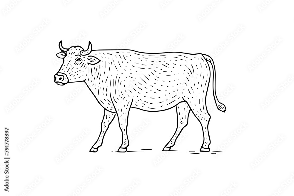Vintage Cow Vector Illustration: Engraved Sketch of Beef Farming Ink Logotype.