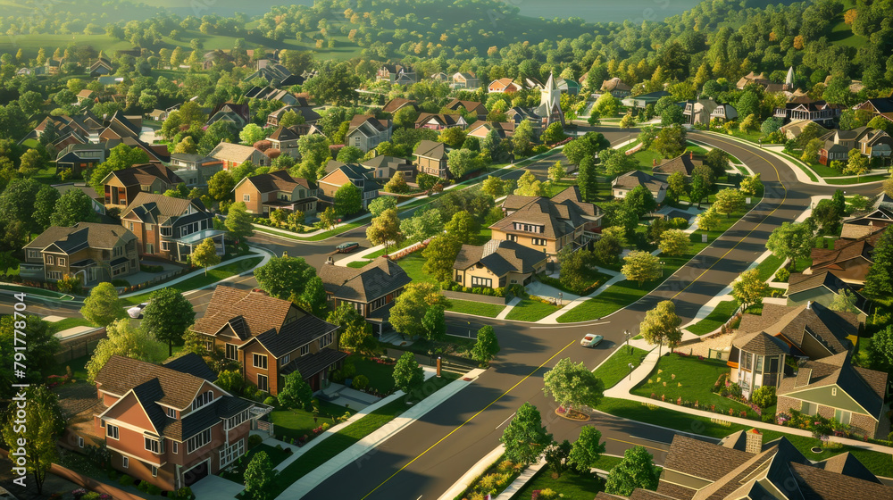 A suburban neighborhood with houses and trees