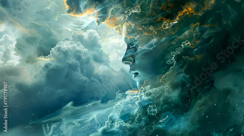A woman's face is shown in the sky with clouds and water vapor
