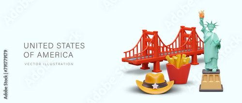 Bright concept with 3D symbols of America. History, culture, architecture, cuisine of USA