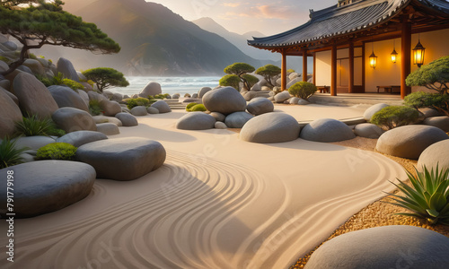 Japan Zen garden, stones and rocks in sand, sea beach. Meditation, peace and harmony, smooth circles and waves in sand, mental wellness. Photorealistic background illustration photo