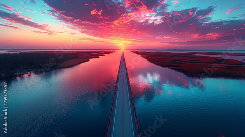 Sunset over a long bridge with reflective waters #791779552