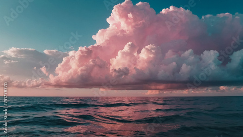 Pink sky background with white clouds.