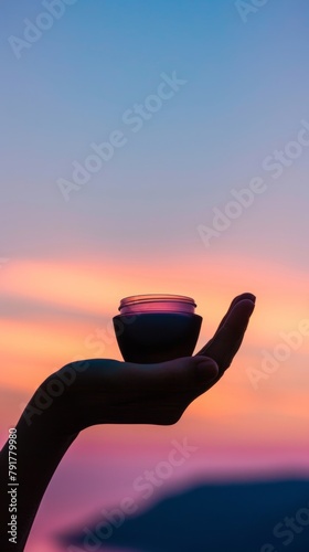 Hand holding a cream jar at sunset