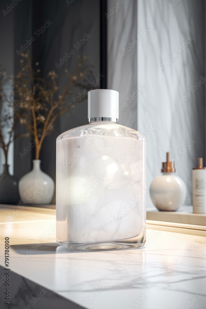 Elegant marble-textured perfume bottle on a stylish vanity ideal for luxury branding and modern aesthetic ads. Elegant marble-textured perfume bottle on a stylish vanity ideal for luxury branding and modern aesthetic ads.