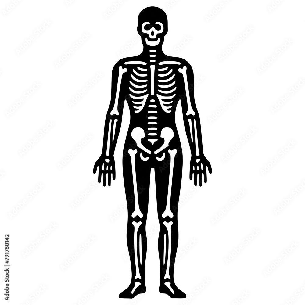 Black human silhouette with white skeleton. Halloween bones costume. Isolated on transparent background. PNG. Concept of human anatomy, party, halloween, horror, biology.