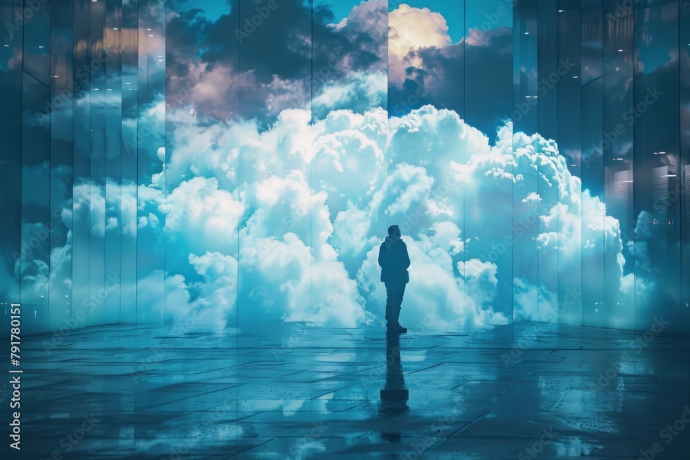 Man standing in a room with a large window looking out at the clouds.