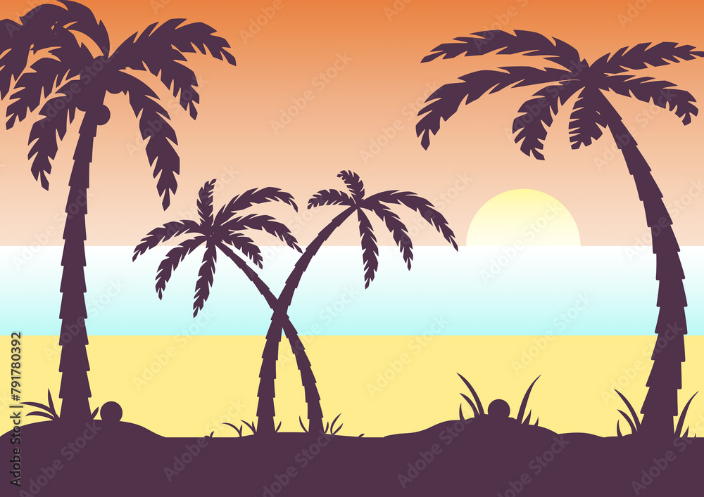Illustration of a sunset on a beautiful beach with palm trees.