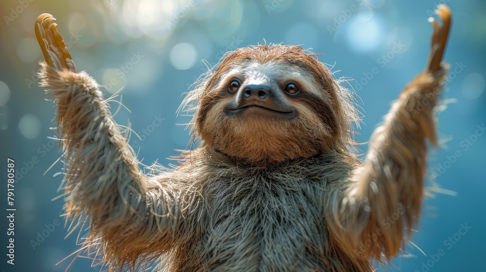 Naklejka premium Sloth raising its arms in a forest