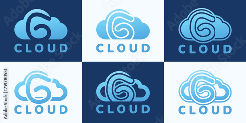 Set of letter G blue cloud logo. This logo combines letters and cloud shapes. Suitable for internet companies, apps, digital storage and the like.