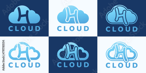 Set of letter H blue cloud logo. This logo combines letters and cloud shapes. Suitable for internet companies, apps, digital storage and the like.