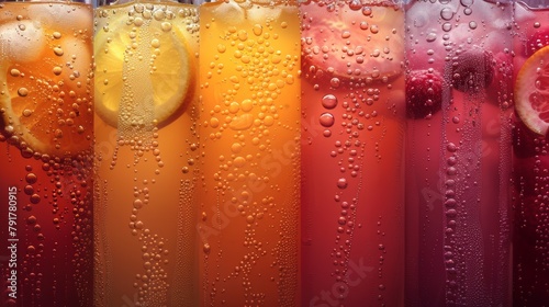 Colorful cold drinks in glasses with fresh citrus slices
