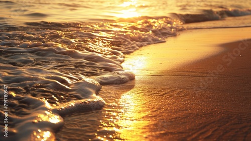 Golden sunset on the beach with gentle waves photo