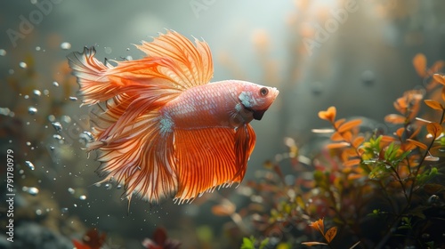 Orange betta fish swimming among bubbles and plants
