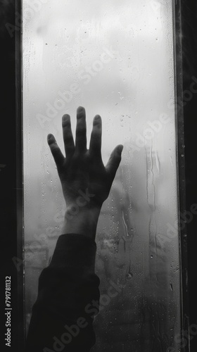 Hand pressed against a misted glass window