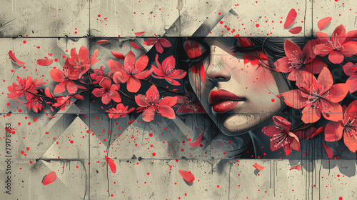 A female face and flowers painted on a wall with black and pink paint.