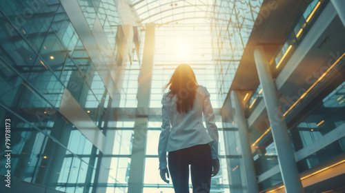 Business woman looking up at the glass ceiling and walking alone in the atrium of a modern office building photo