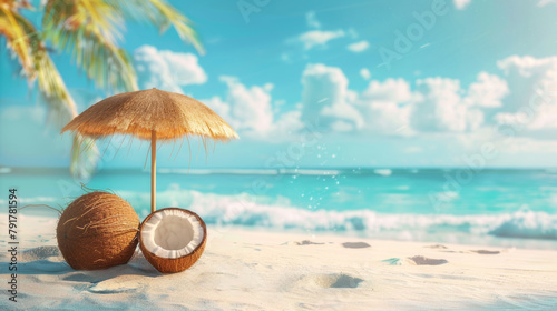 Coconut under a straw umbrella on a sandy beach with ocean view