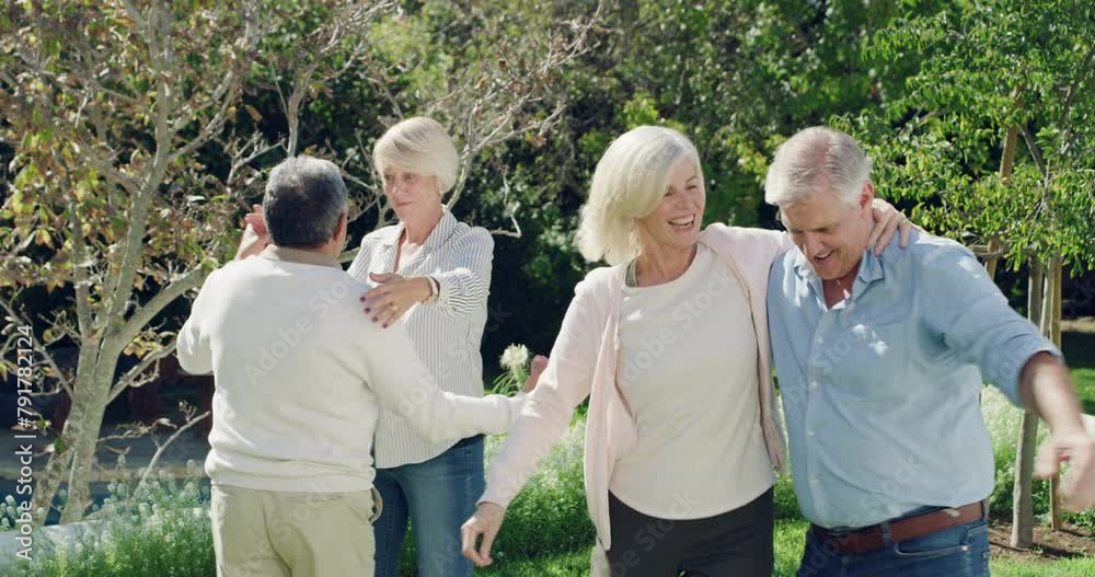 Senior people, garden and dancing with group, smile and vacation with nature, summer and party. Mature men, outdoor and old women with happiness, freedom and cheerful with holiday, joyful and love Senior people, garden and dancing with group, smile and vacation with nature, summer and party. Mature men, outdoor and old women with happiness, freedom and cheerful with holiday, joyful and love