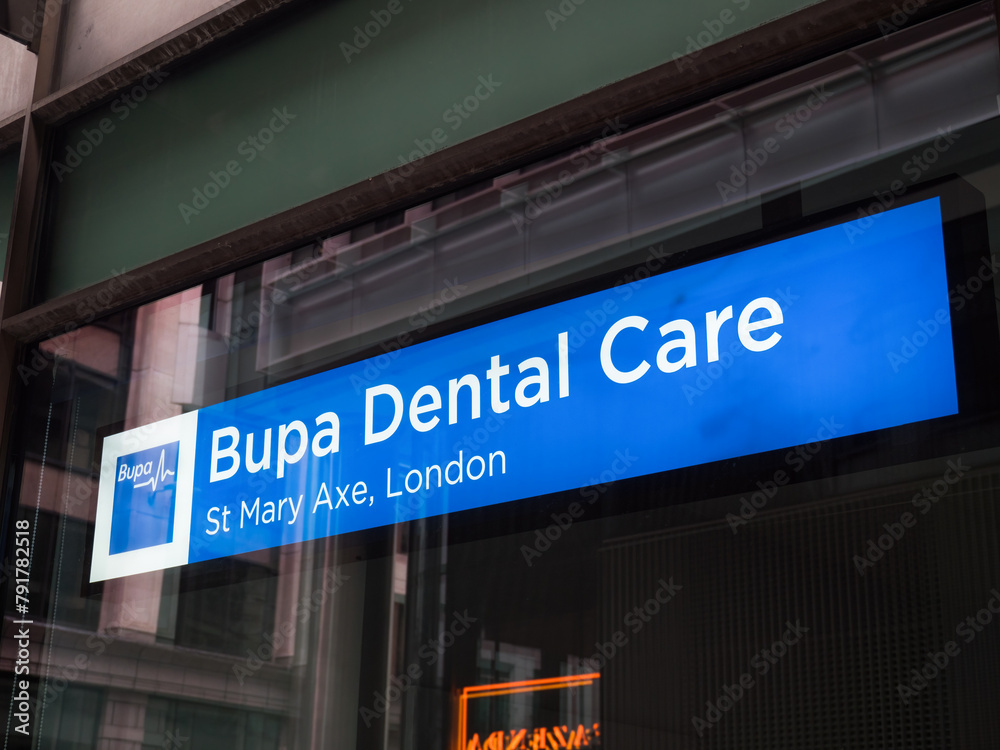 London, UK, April 20th 2024Bupa Dental Care sign at 50 St Mary Axe